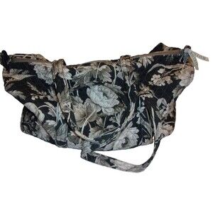 Waverly Travel Duffel Bag Black Gray Off-White Floral Pattern Bird